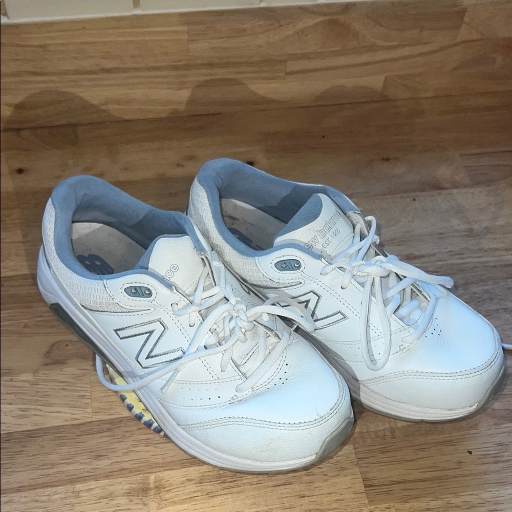 New Balance White and Light Gray Leather Sneakers